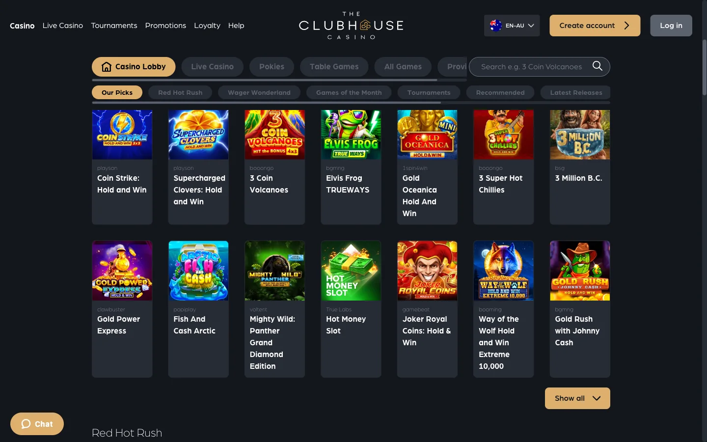 ClubHouse Casino pokies lobby with studio badges under each tile and the search bar and rail menu across the top